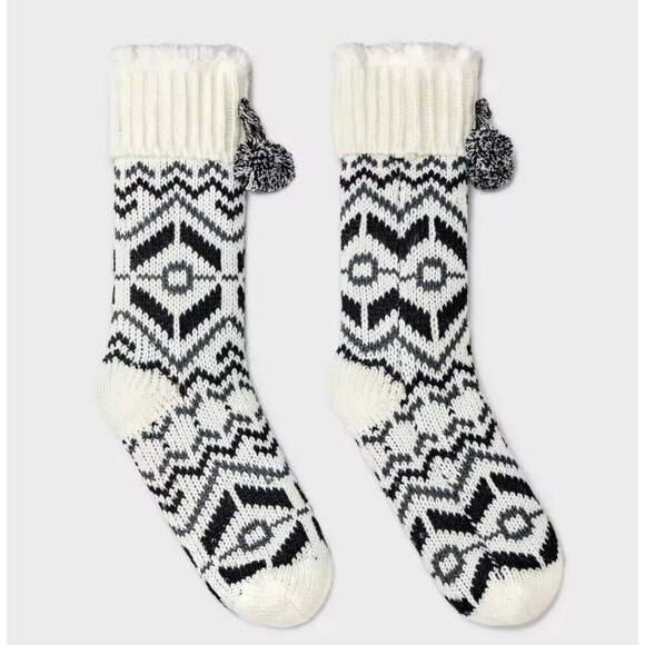 Women Nordic Pattern Knit Faux Shearling Lined Slipper Socks with Poms & Gripper - Picture 1 of 4
